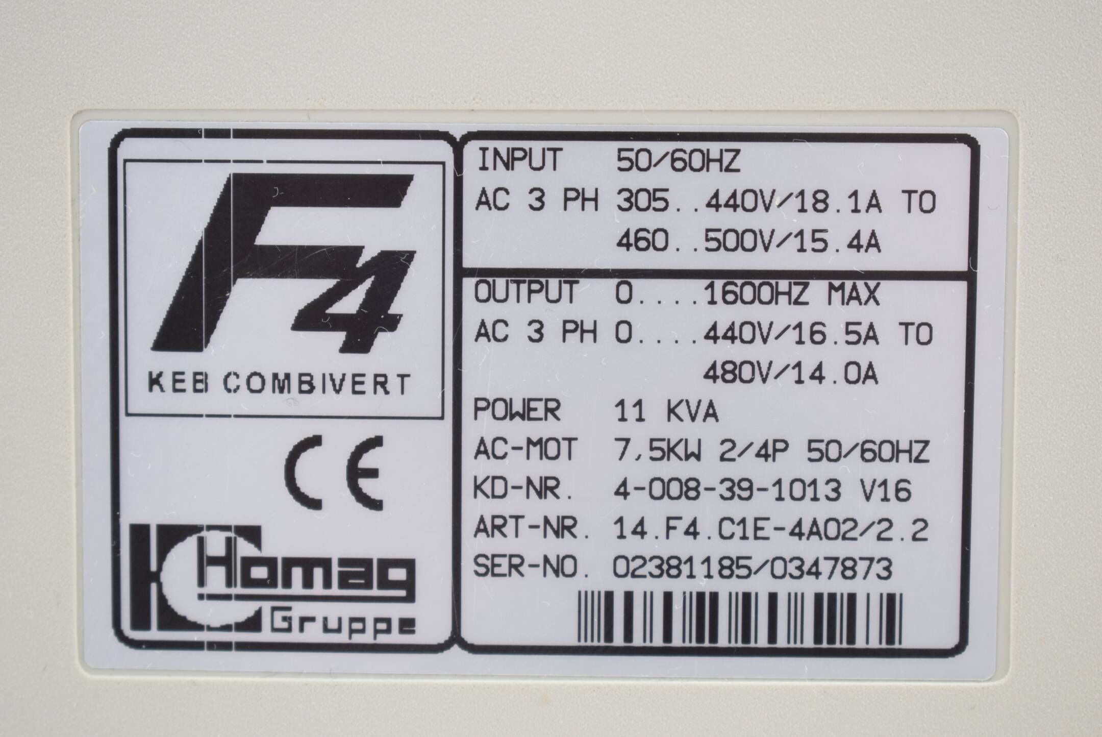 KEB Combivert Inverter 7,5kW 50-60Hz 3Ph 440V/16,5A 11KVA ( 14.F4.C1E-4A02/2.2 )