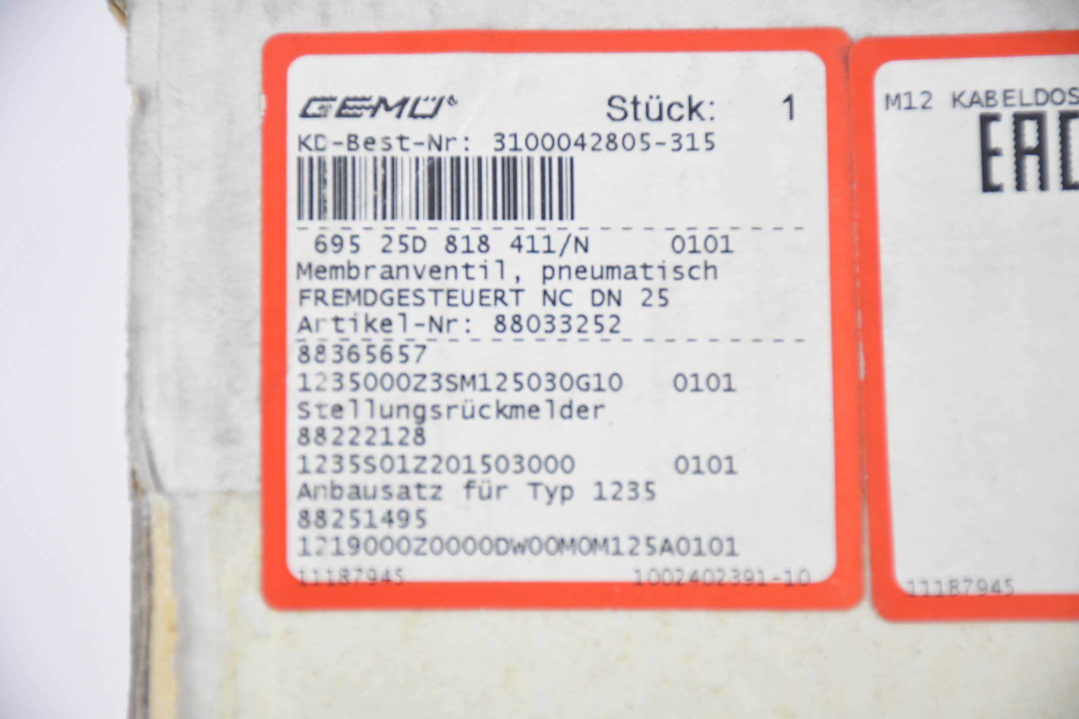 Gemü Membranventil pneumatisch 695 25D 818 411/N ( 69525D818411/N )