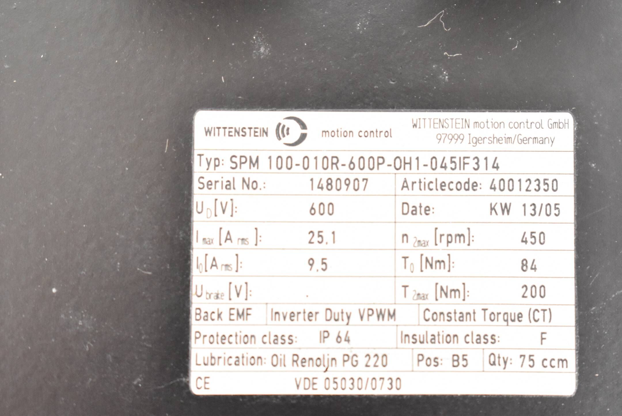 Wittenstein Motor SPM 100-010R-600P-0H1-045IF314 ( SPM100010R600P0H1045IF314 )