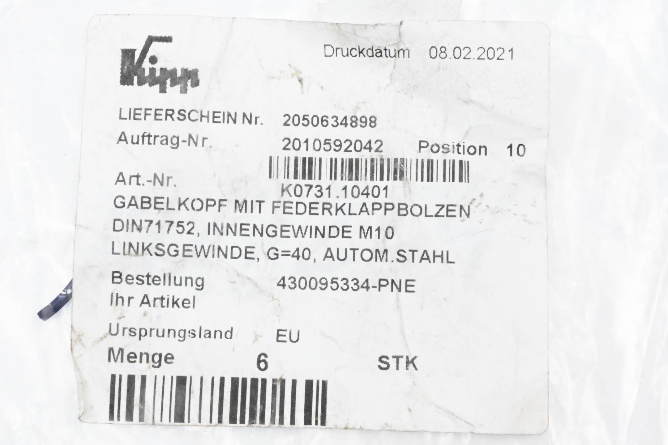 Kipp Gabelkopf mit Federklappbolzen DIN 71752, Innengewinde M10 ( K0731.10401 )