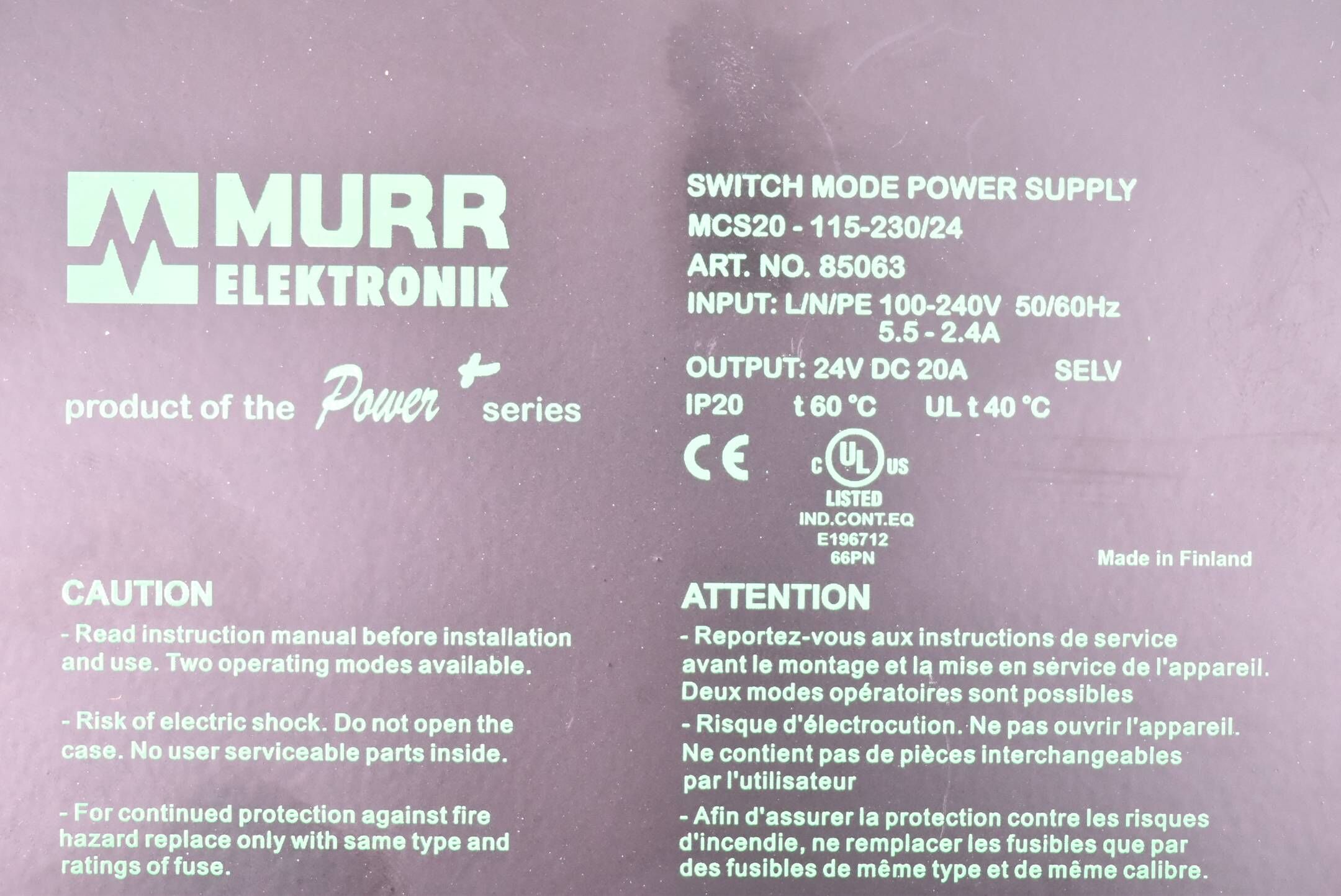 Murr Elektronik Switch Mode Power Supply MCS20-115-230/24 ( 85063 )