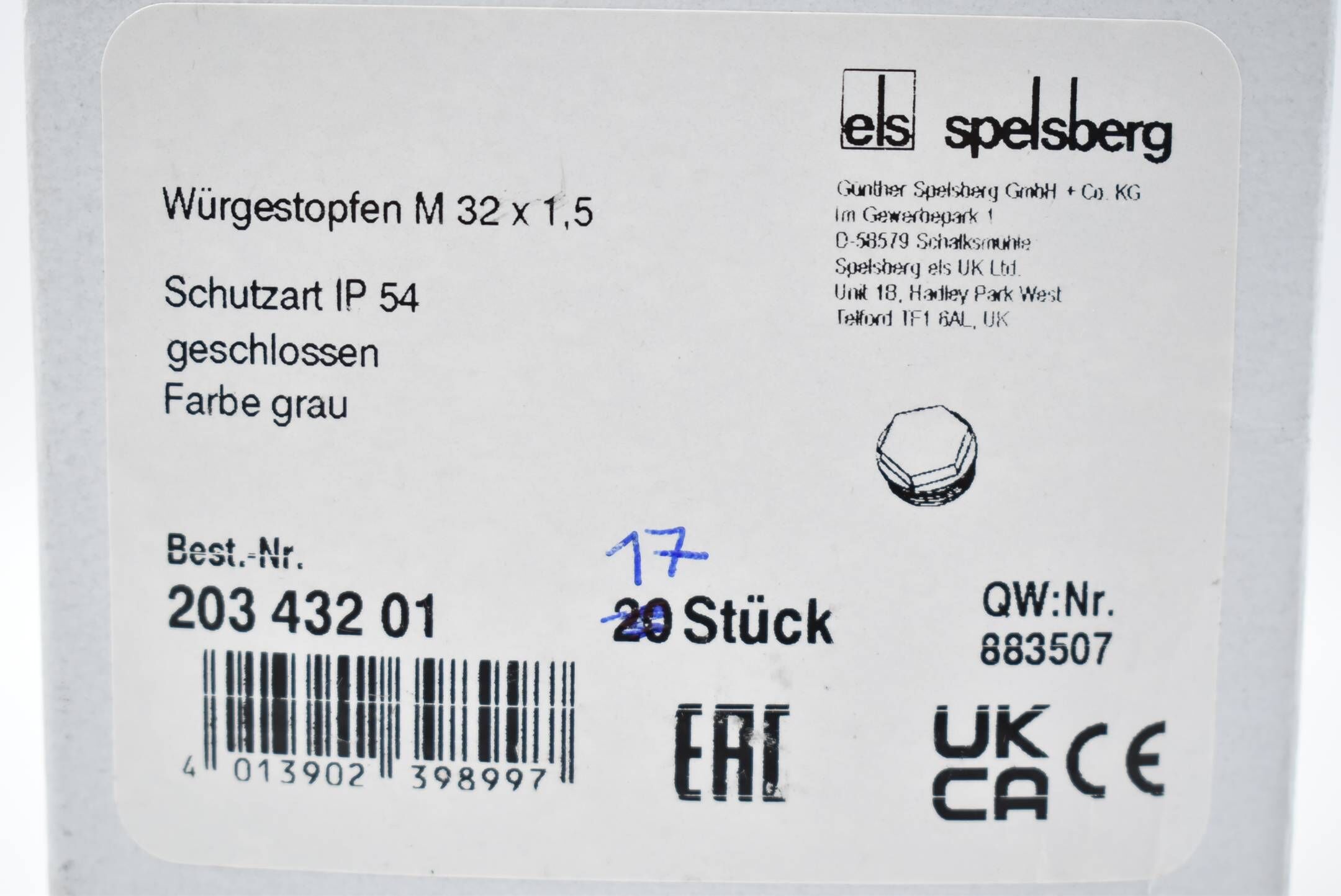 Spelsberg Würgestopfen geschlossen Grau M 32 x 1,5 ( 20343201 ) VE 17 Stück