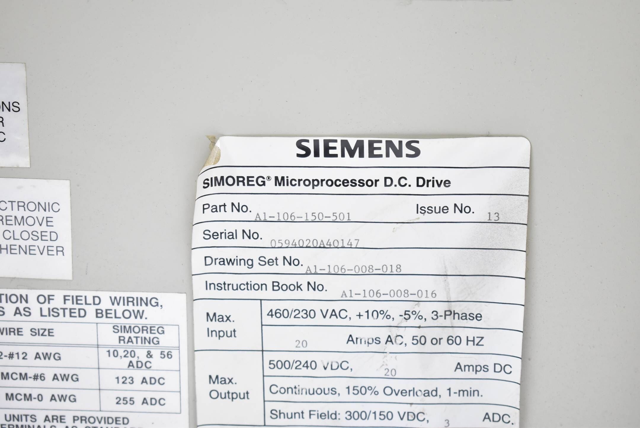 Siemens Simoreg Microprocessor D.C. Drive 460/230VAC 20Amps A1-106-150-501