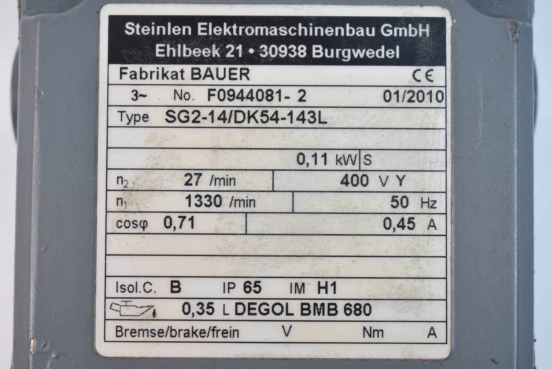 Steinlen Getriebemotor SG2-14/DK54-143 L ( 0,11kW 400V 1330/min 50Hz 0,45A )