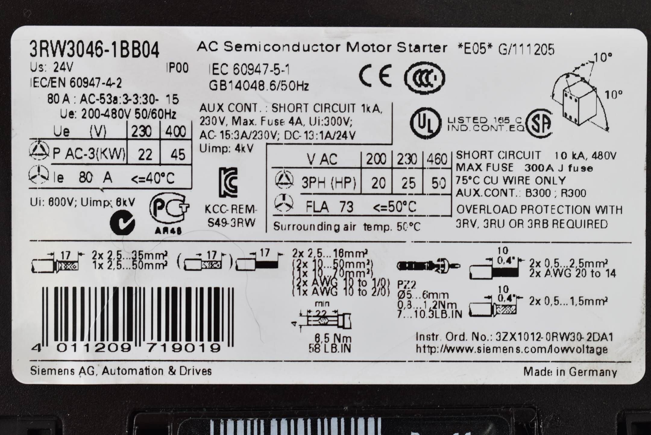 Siemens sirius Sanftstarter S3 45kW/400V 80A 3RW3 046-1BB04 ( 3RW3046-1BB04 ) E5