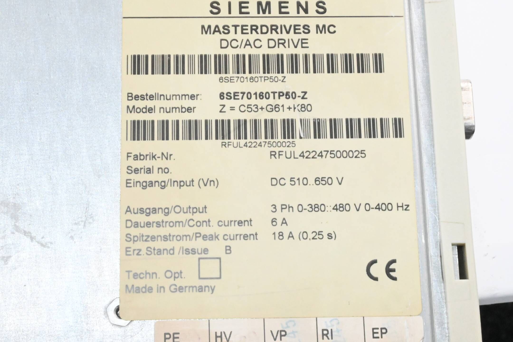 GENERALÜBERHOLT Siemens Masterdrives MC 6SE7016-0TP50-Z ( Z=C53 + G61 + K80 ) EB