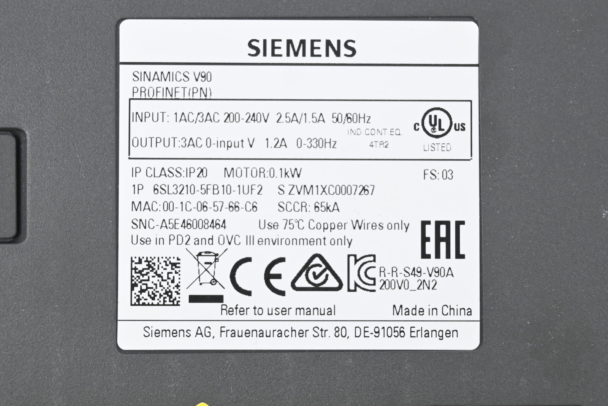 Siemens Sinamics V90 6SL3210-5FB10-1UF2 ( 6SL3 210-5FB10-1UF2 ) E.03