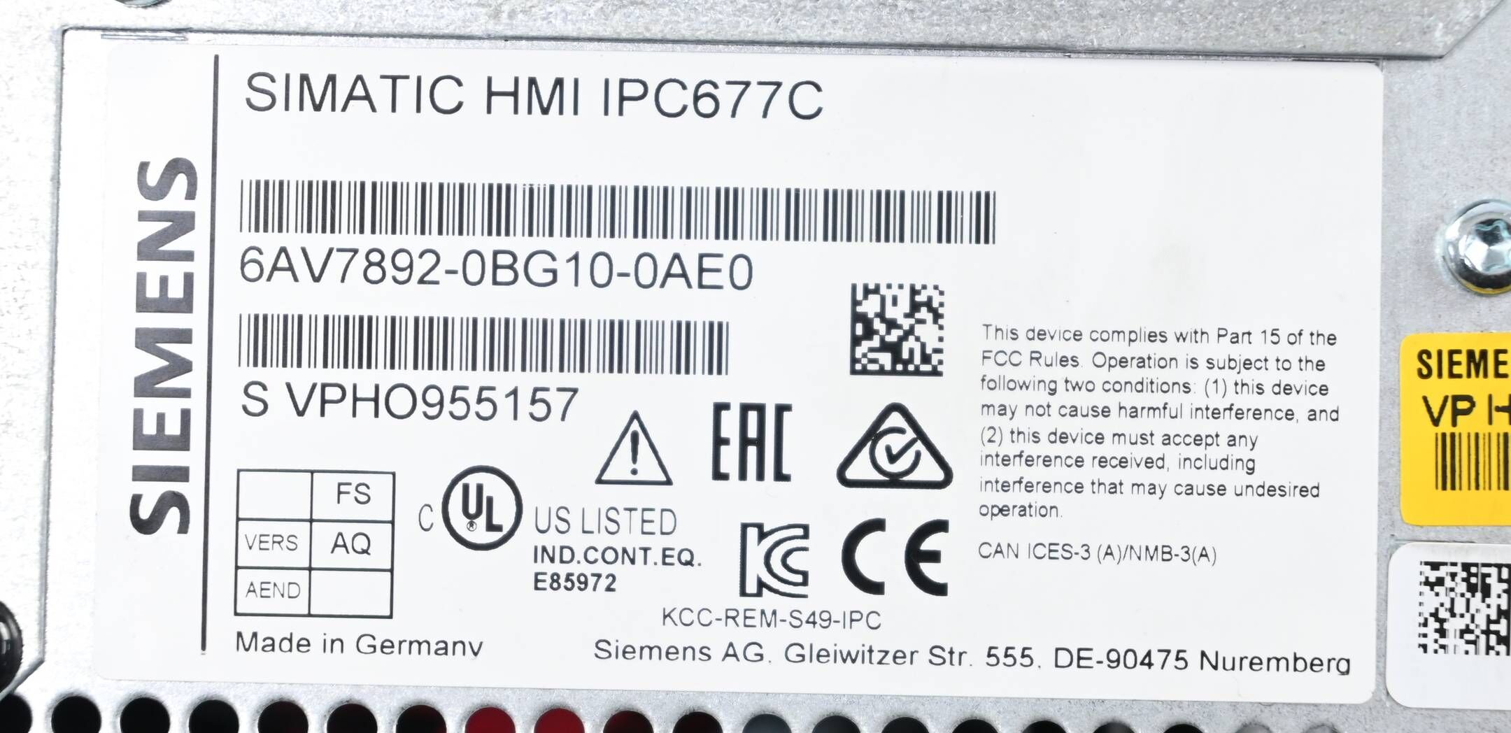 Siemens Simatic HMI IPC677C 6AV7892-0BG10-0AE0 ( 6AV7 892-0BG10-0AE0 ) Ver. AQ