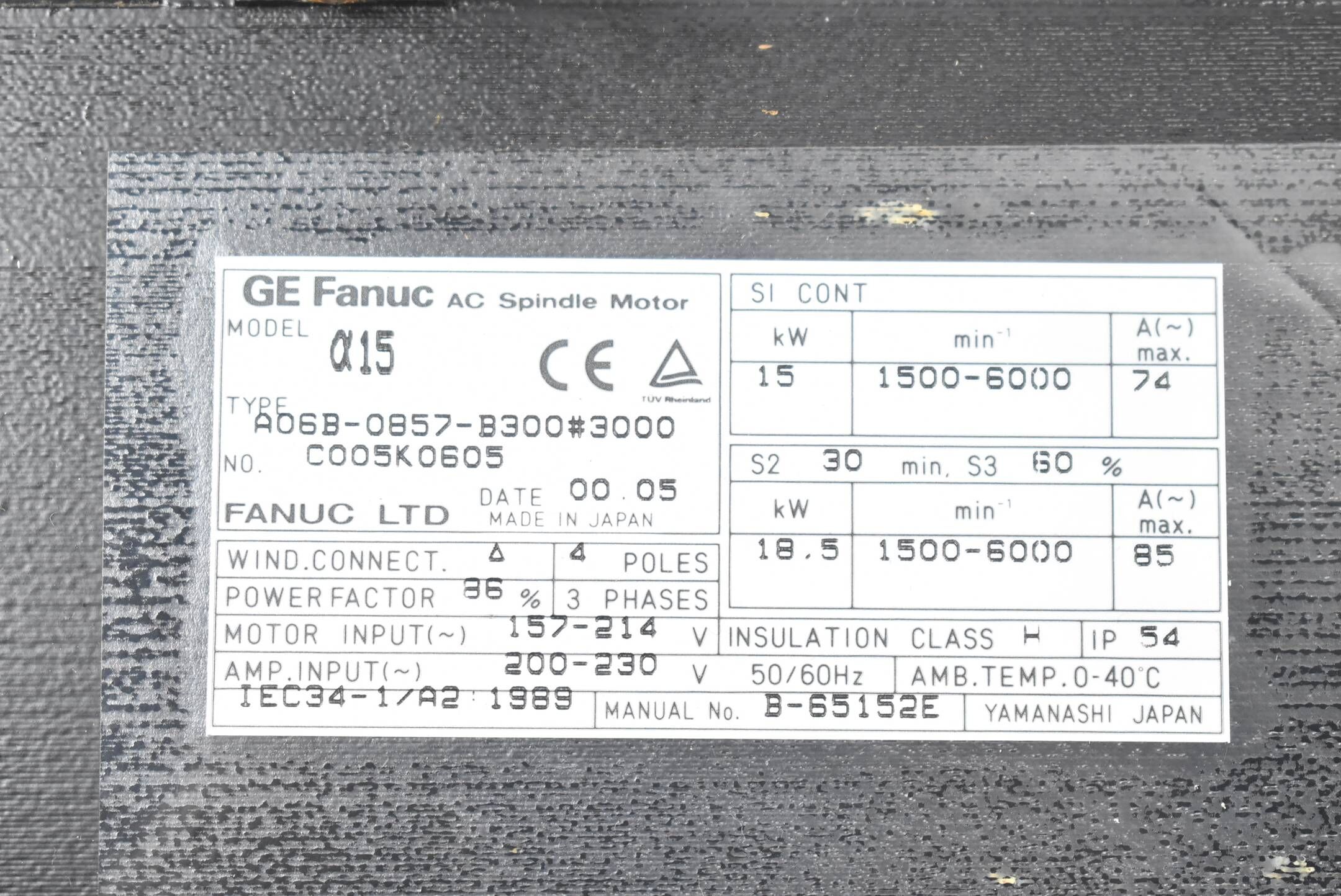 Fanuc AC Spindle Motor a15 A06B-0857-B300#3000