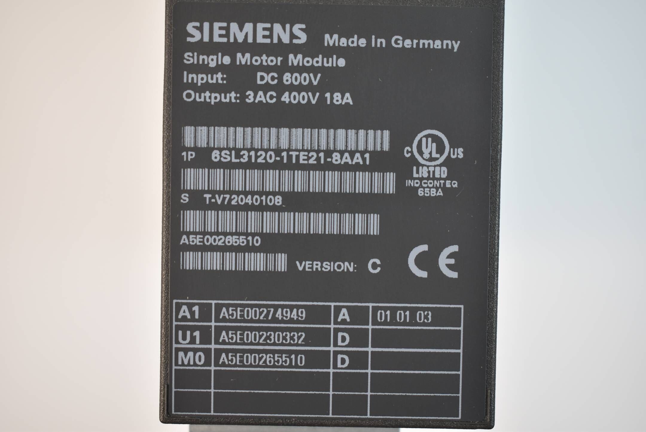 Siemens single Motor Module 6SL3120-1TE21-8AA1 ( 6SL3120-1TE21-8AA1 ) Vers. C