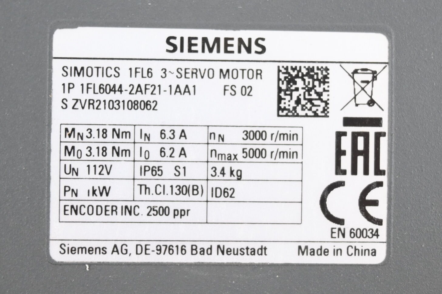 Siemens Simotics Servomotor 1FL6044-2AF21-1AA1 ( 1FL6 044-2AF21-1AA1 )