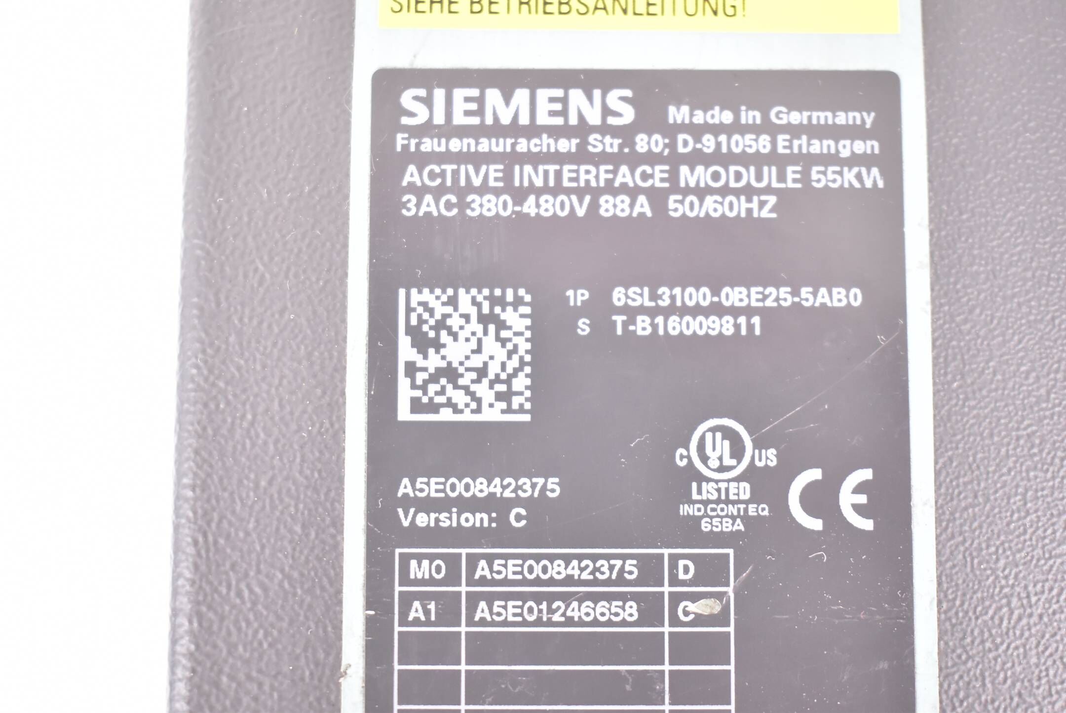 Siemens sinamics S120 55kW 480V 6SL3100-0BE25-5AB0 ( 6SL3 100-0BE25-5AB0 ) E.C