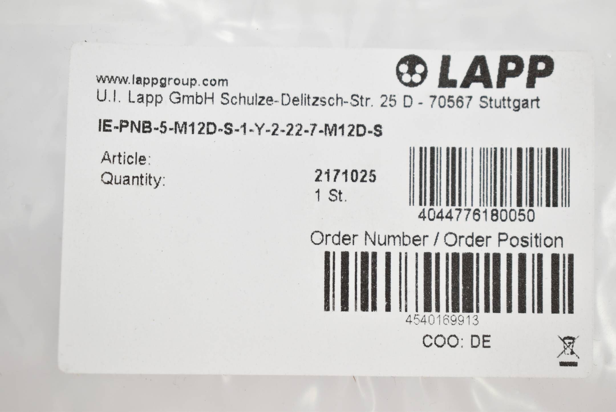 Lapp Ethernet PN Flex Cat.5 M12 IE-PNB-5-M12D-S-1-Y-2-22-7-M12D-S ( 2171025 )