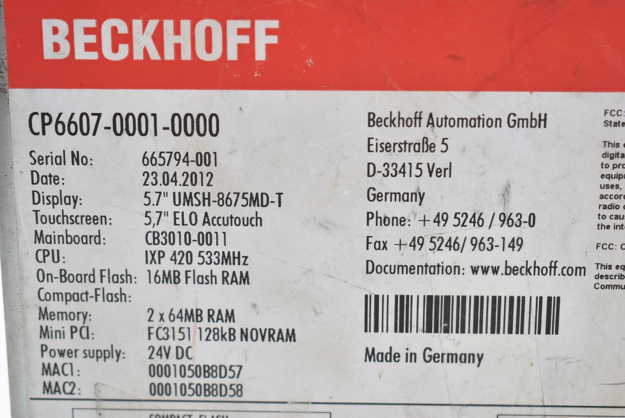 Beckhoff Economy-Einbau-Panel-PC 5,7" Touch CP6607-0001-0000