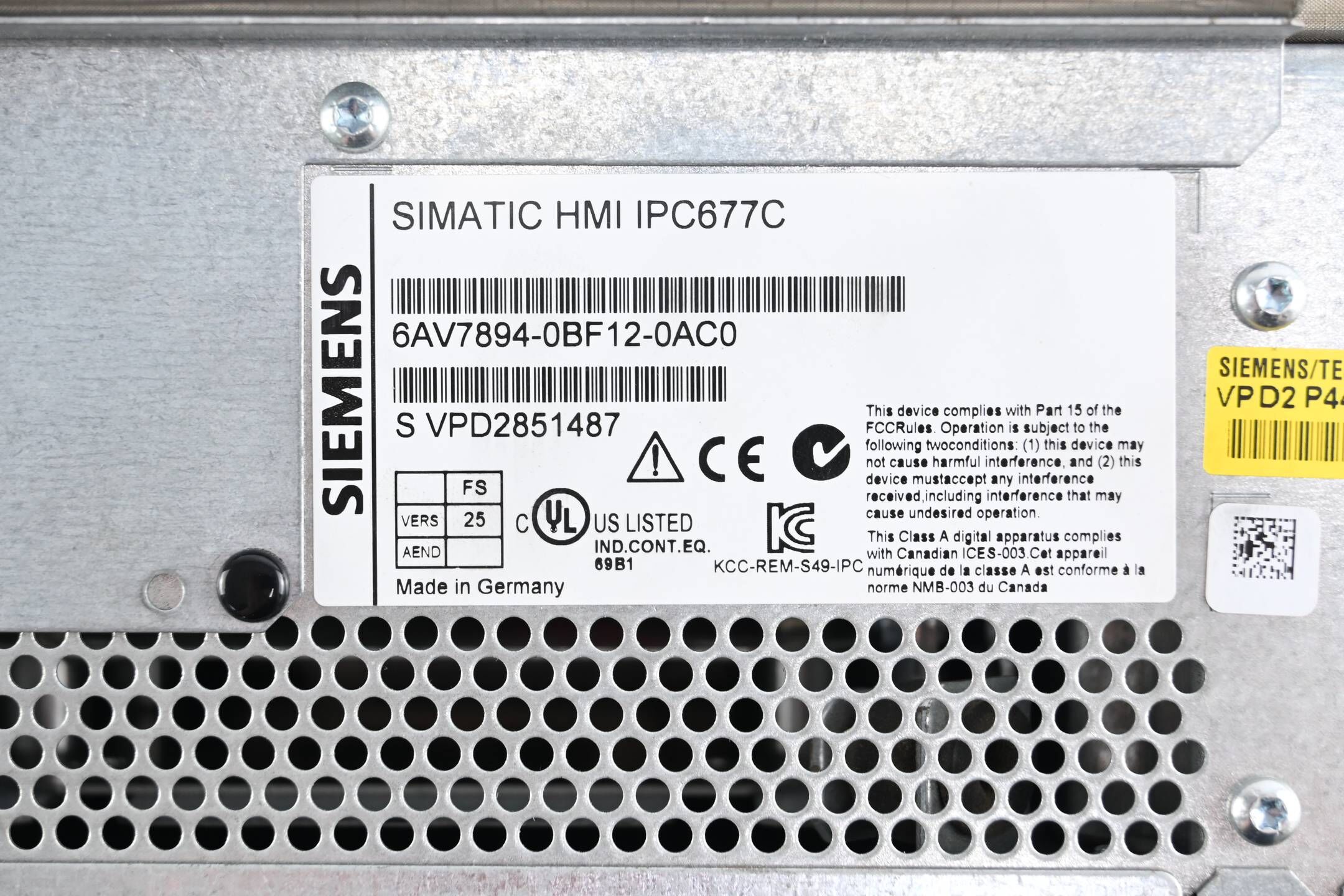 Siemens Simatic HMI IPC677C 6AV7894-0BF12-0AC0 ( 6AV7 894-0BF12-0AC0 ) Ver. 25