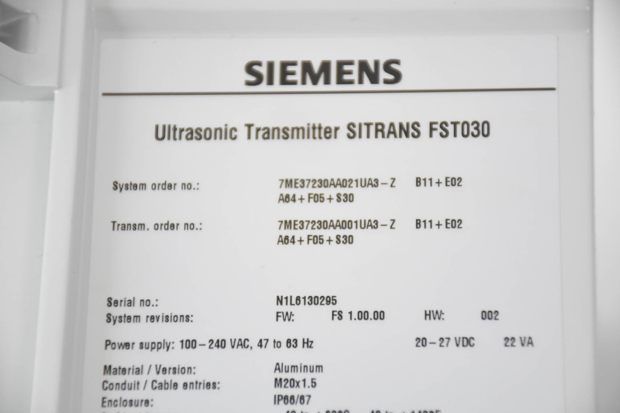 Siemens Sitrans Transmitter FST030 7ME3723-0AA02-1UA3-Z ( 7ME3723-0AA00-1UA3-Z )