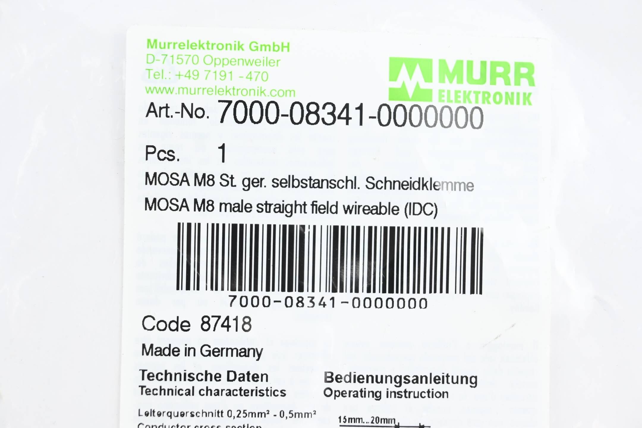 Murr Elektronik MOSA M8 St. 0° A-kod. Schneidklemmanschluss 7000-08341-0000000