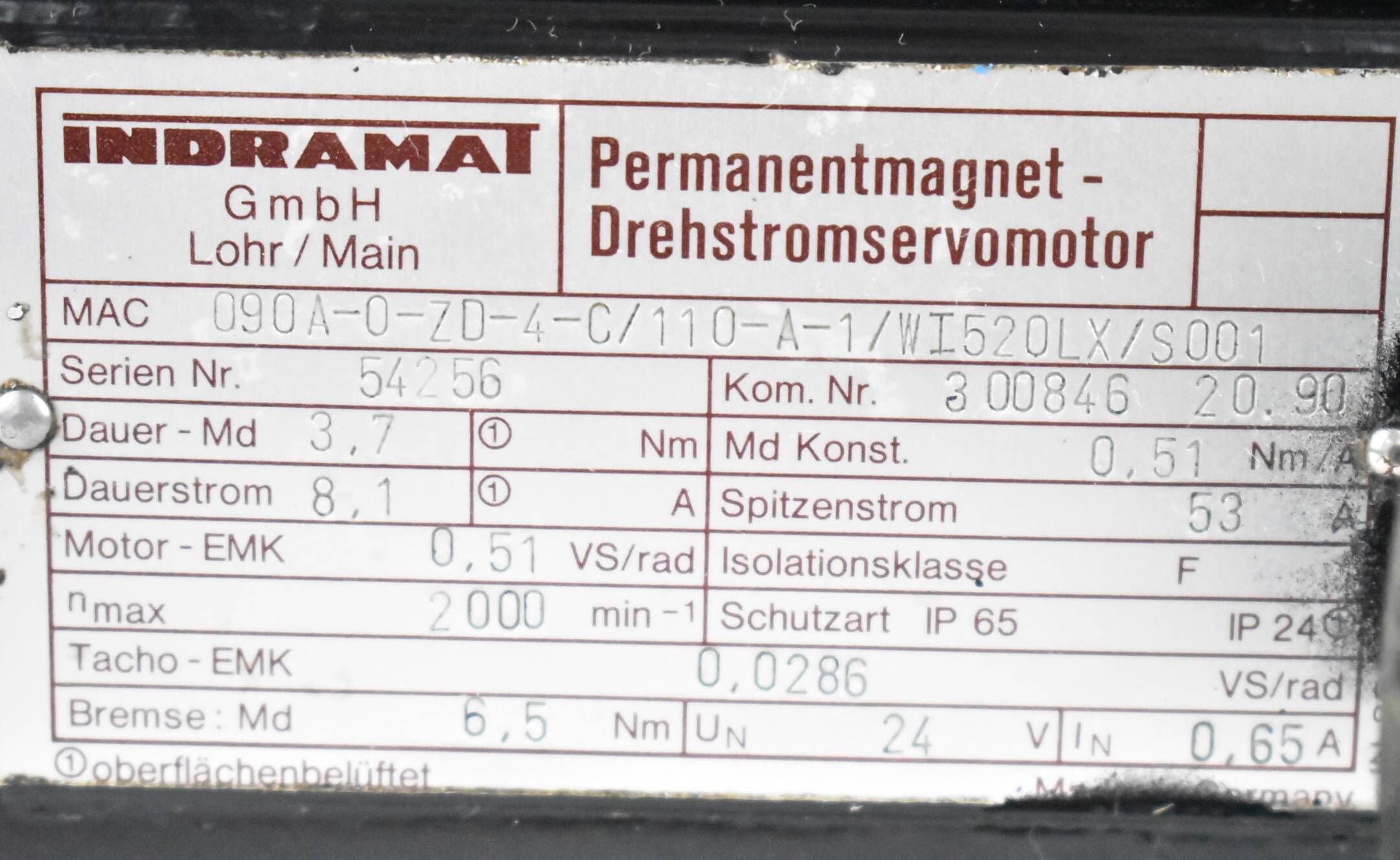 Indramat Servomotor 3,7Nm 8,1A 2000rpm MAC090A-0-ZD-4-C/110-A-1/WI520LX/S001
