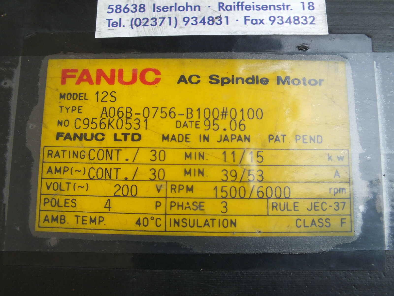 Fanuc ac spindle motor model 12S Typ: A06B-0756-B100 ( A06B-0756-B100#0100 )