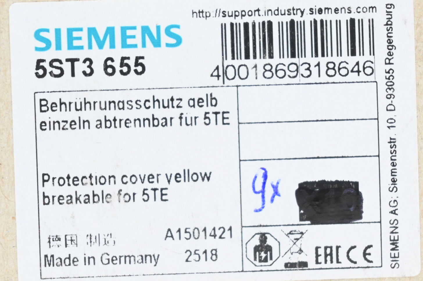 Siemens Berührungsschutz für freie Anschlüsse Gelb 5ST3655 ( 5ST3 655 ) VE 9x