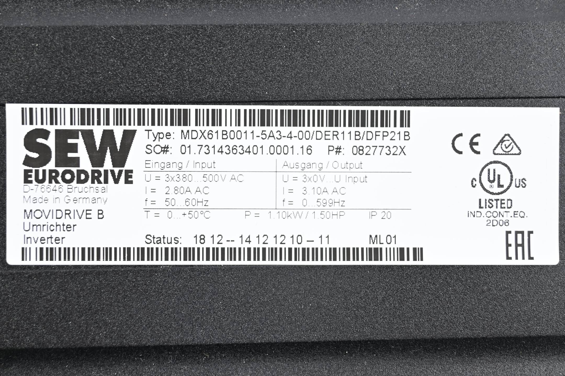 SEW-Eurodrive Movidrive B Umrichter MDX61B0011-5A3-4-00/DER11B/DFP21B 