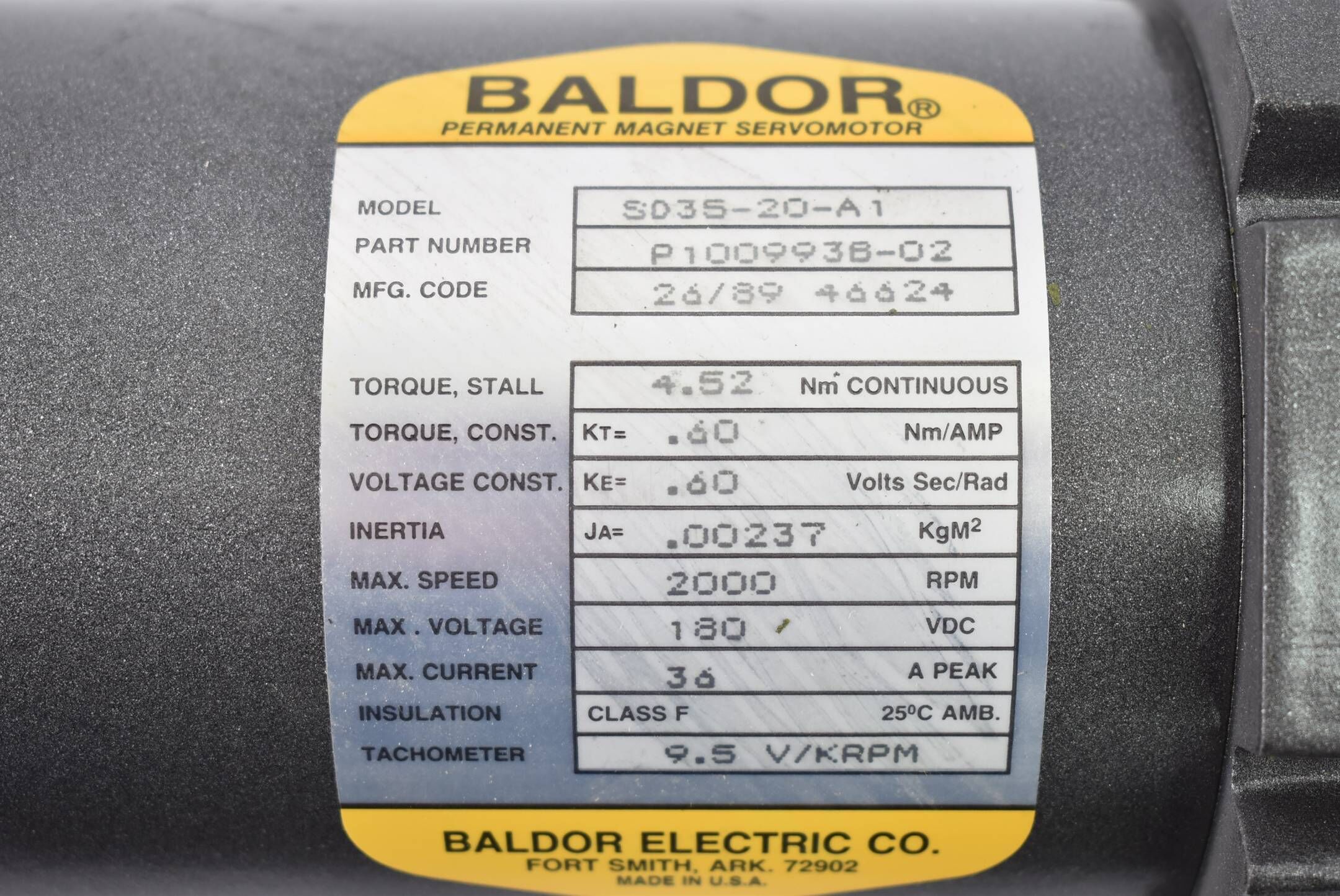 Baldor DC Servo Motor P100993B-02 ( P1009938-02 ) 180 VDC Baldor SD35-20-A1