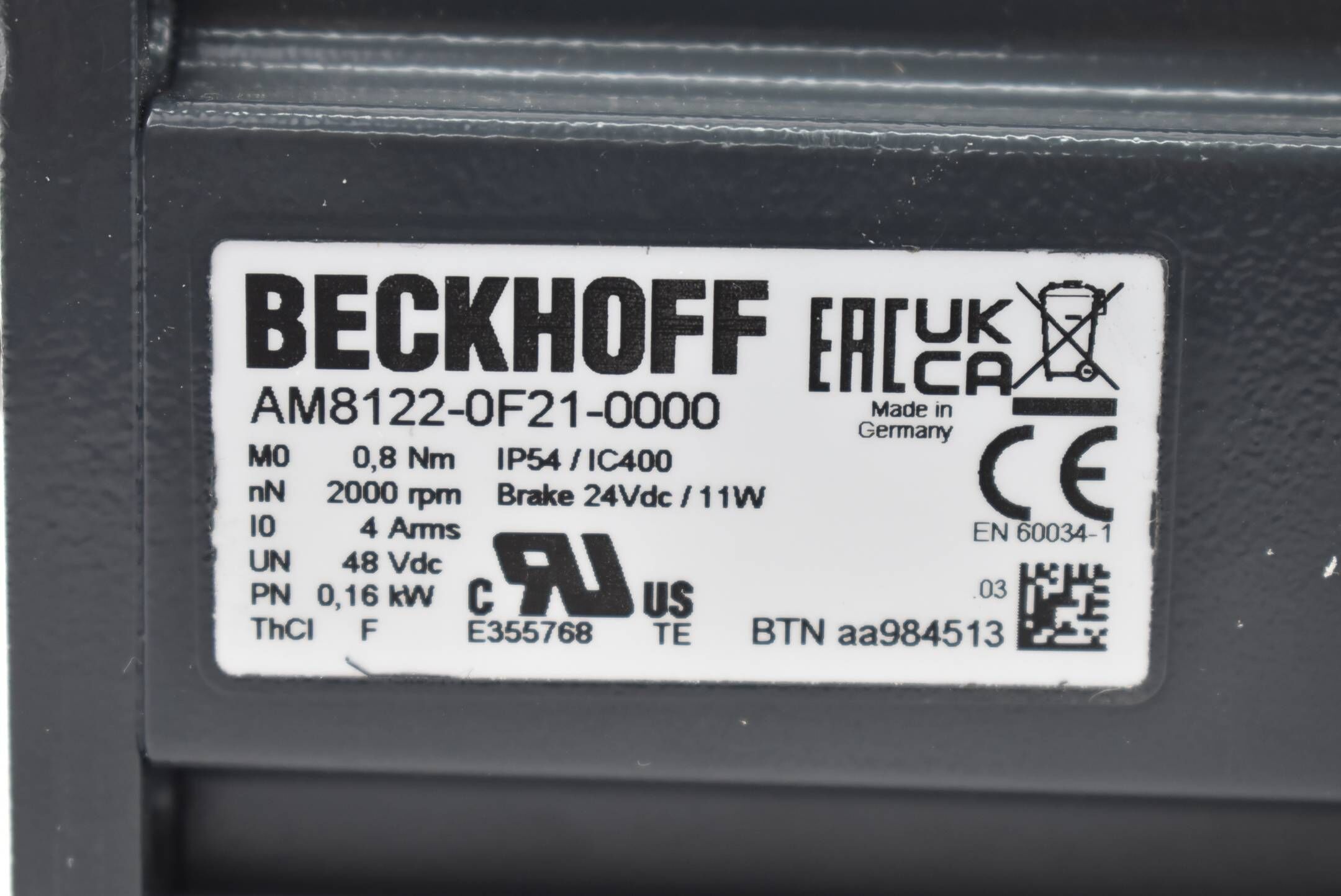 Beckhoff Servomotor AM8122-0F21-0000 ( 2000rpm 24VDC 11W 0,16kW )