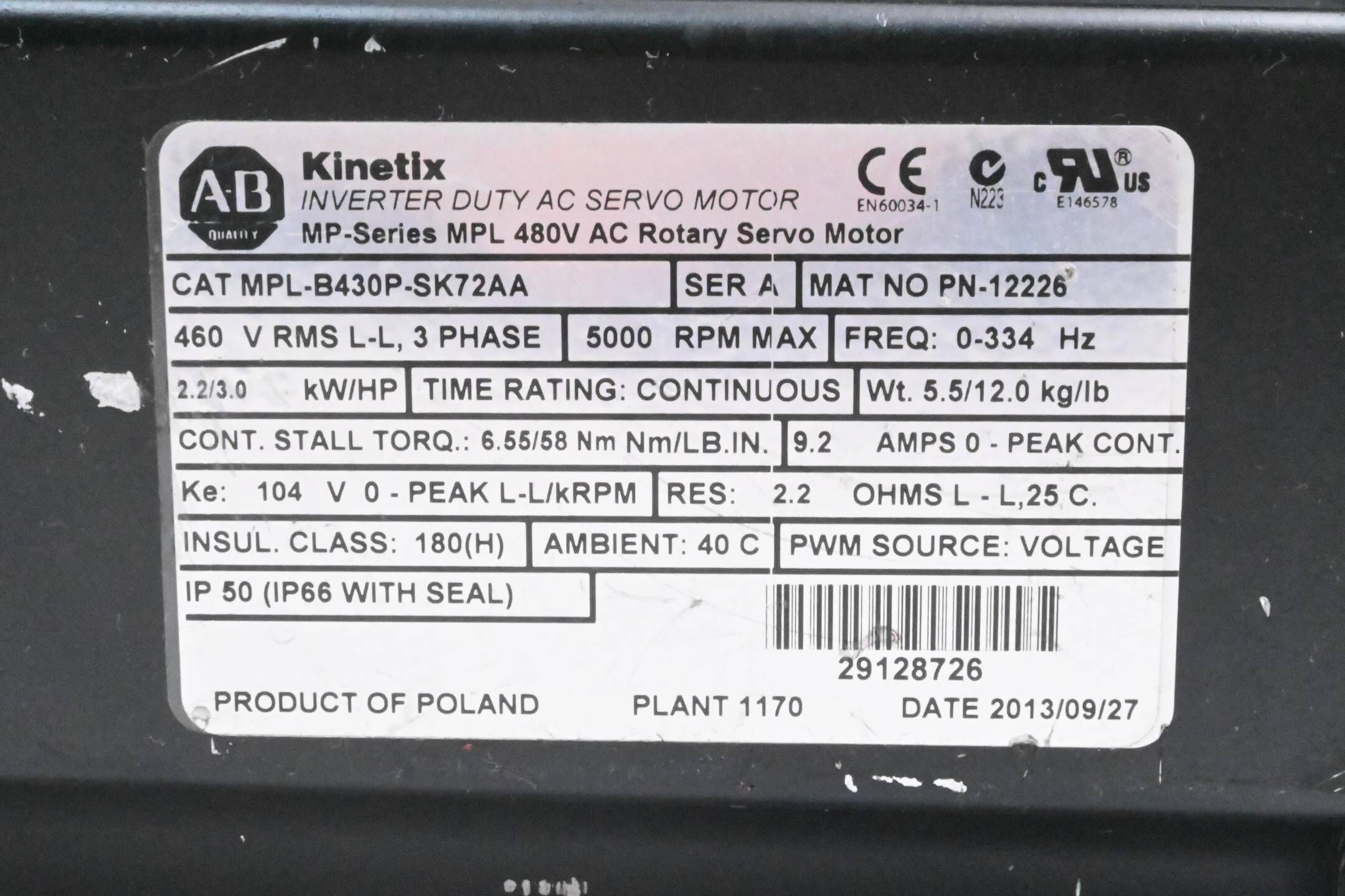 Allen-Bradley Servomotor MPL-B430P-SK72AA