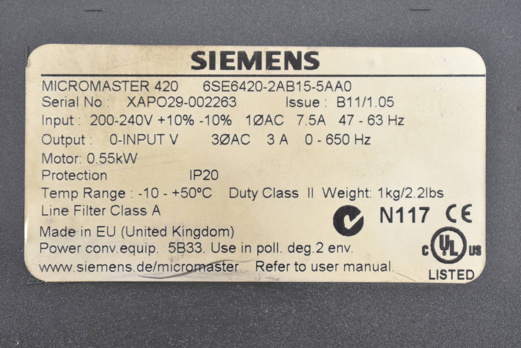 Siemens Micromaster 420 6SE6420-2AB15-5AA0 ( 6SE6 420-2AB15-5AA0 )