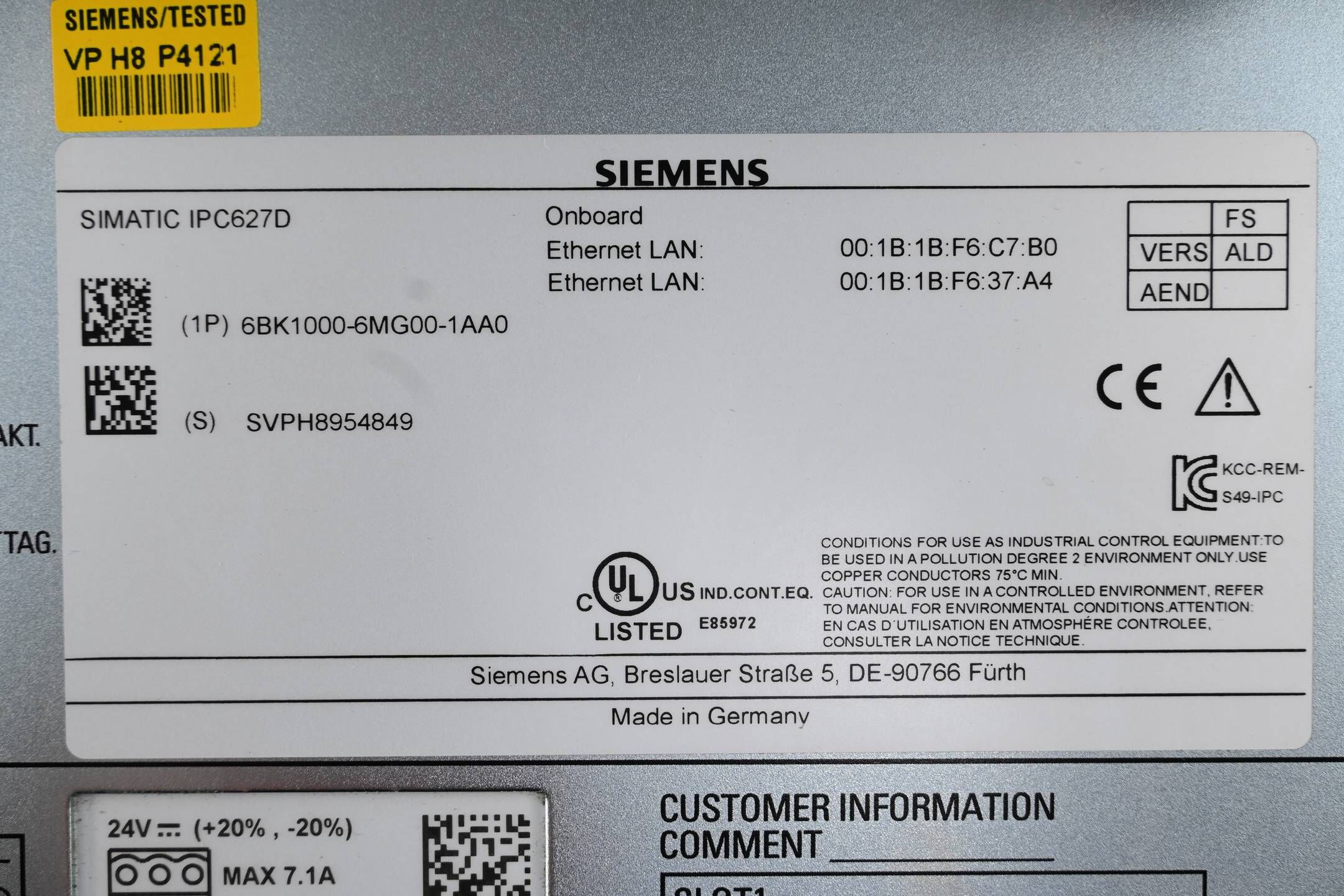 Siemens Simatic IPC627D 6BK1000-6MG00-1AA0 ( 6BK1 000-6MG00-1AA0 ) Ver. ALD