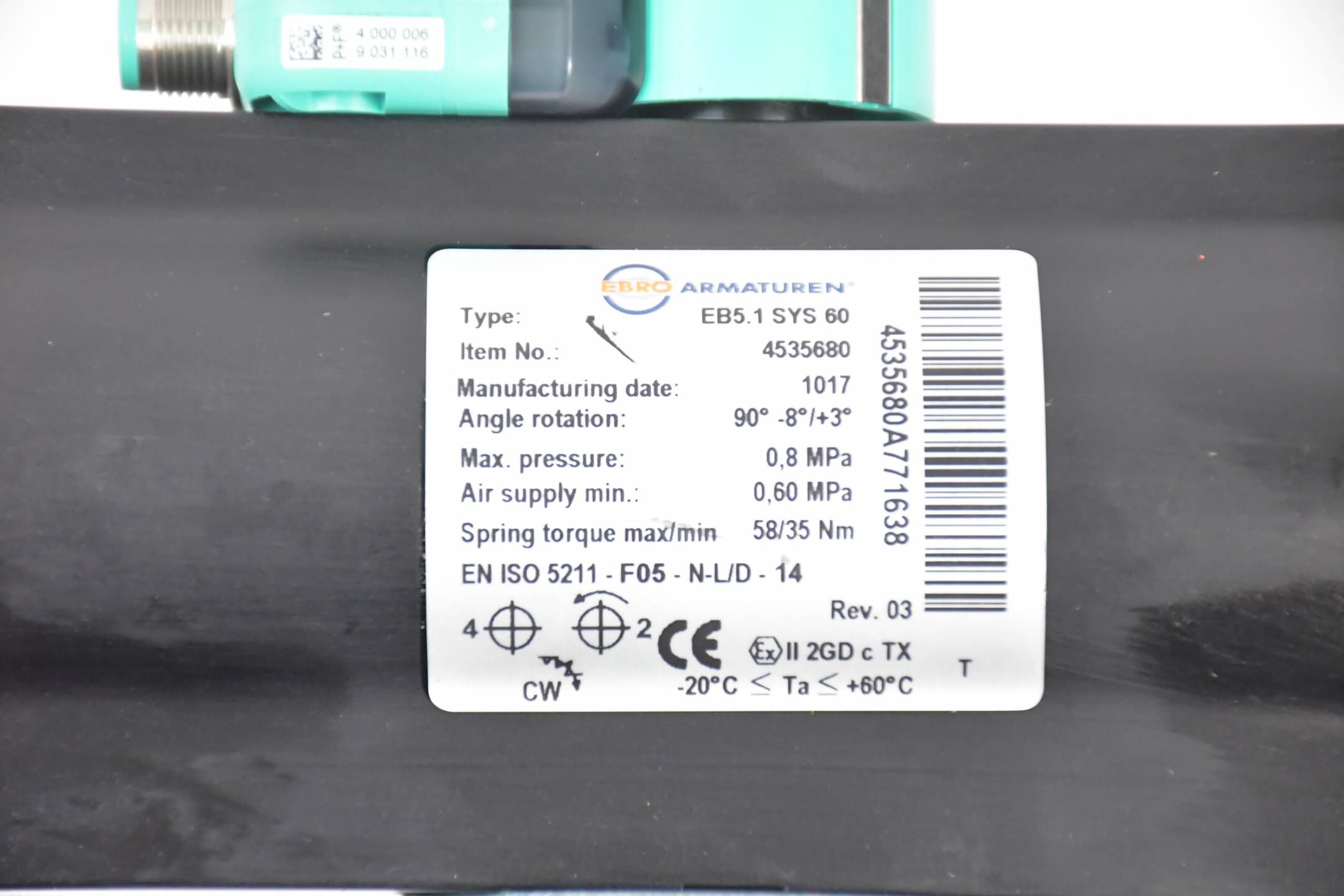 Ebro Armaturen Pneumatischer Antrieb EB5.1 SYS 60 inkl. Anflanschklappe Z014-A