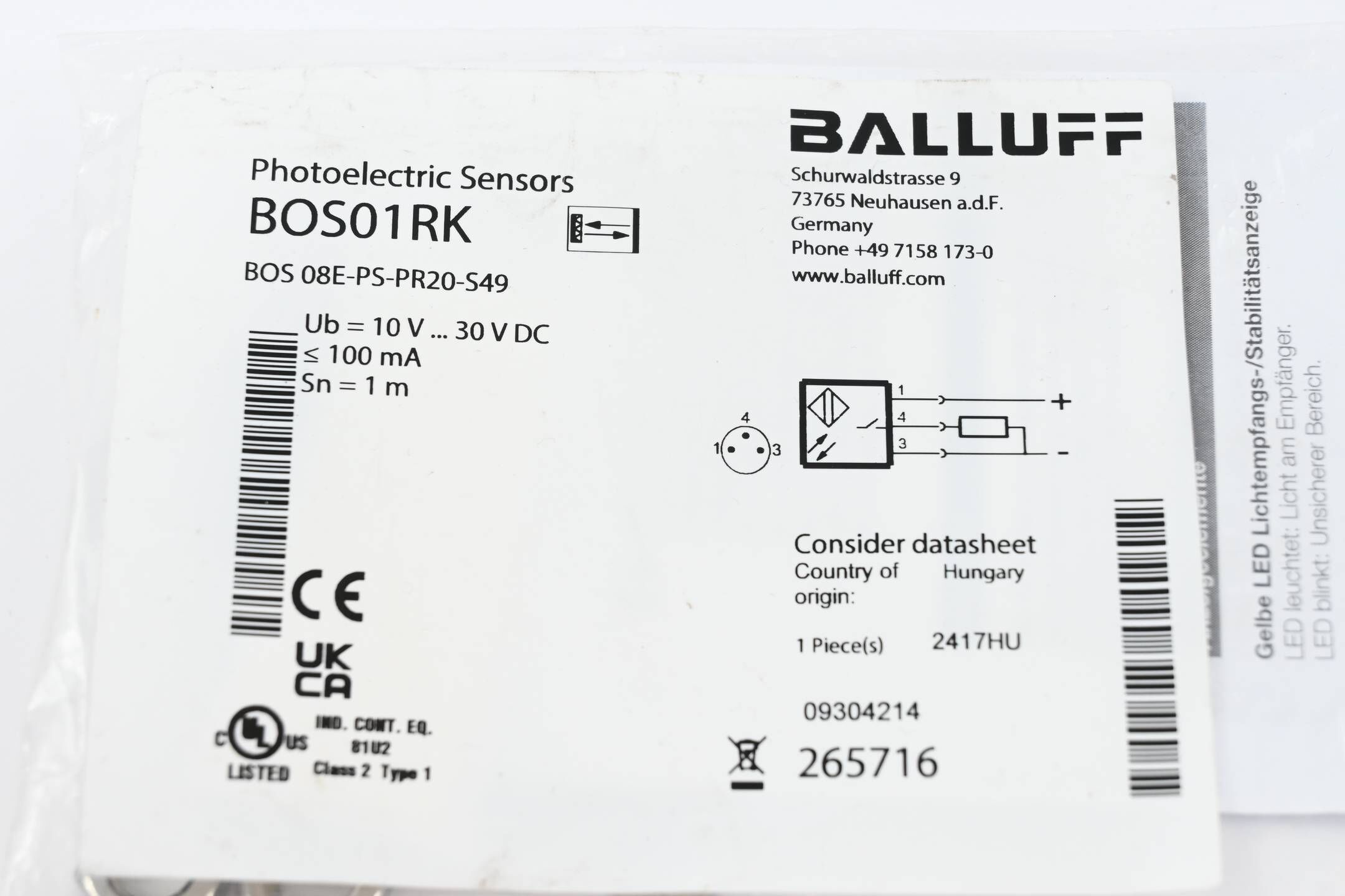 Balluff Photoelectric Sensor BOS01RK ( BOS 08E-PS-PR20-S49 )