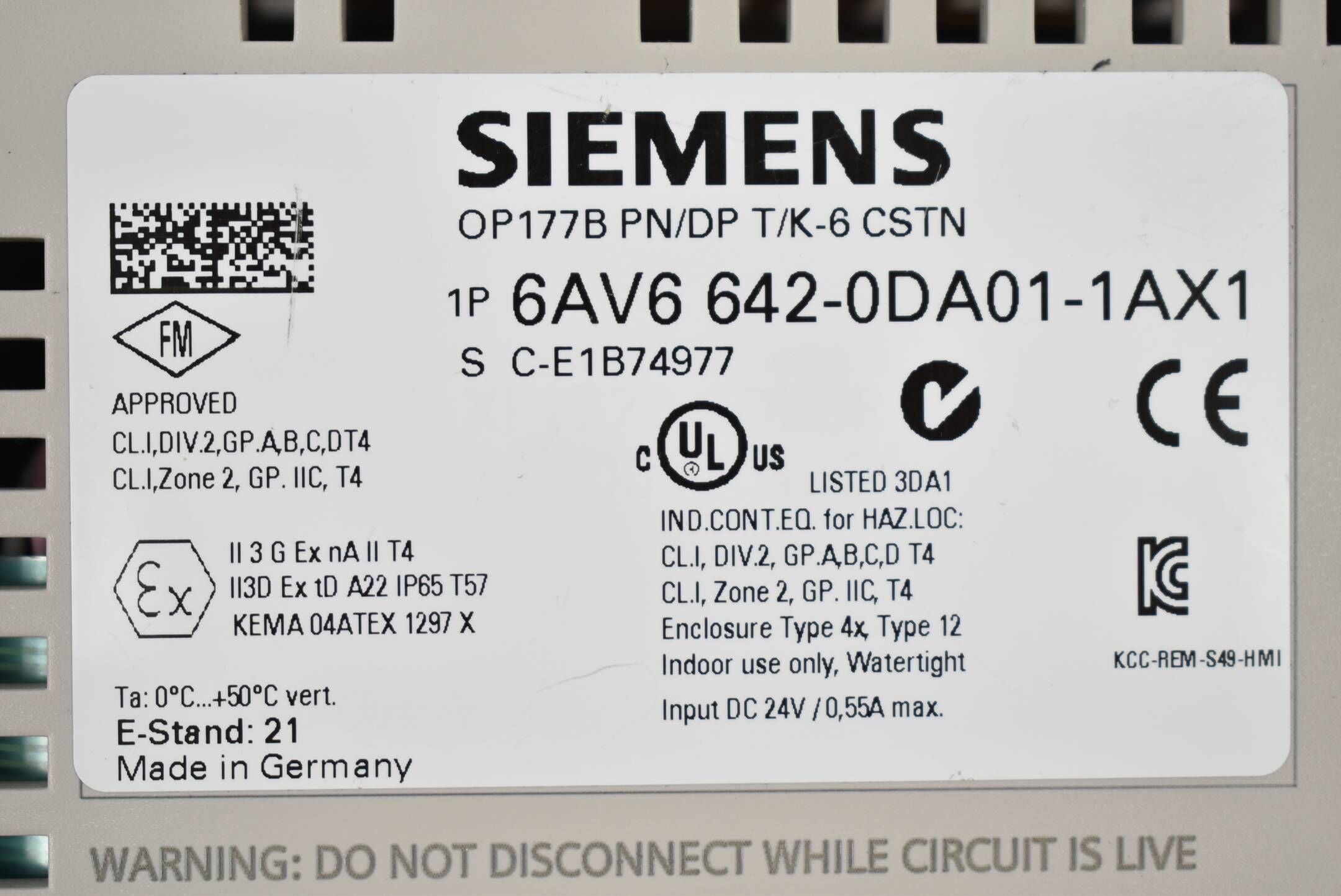 Siemens Simatic Panel OP 177B PN/DP 6AV6642-0DA01-1AX1 ( 6AV6 642-0DA01-1AX1 ) E21