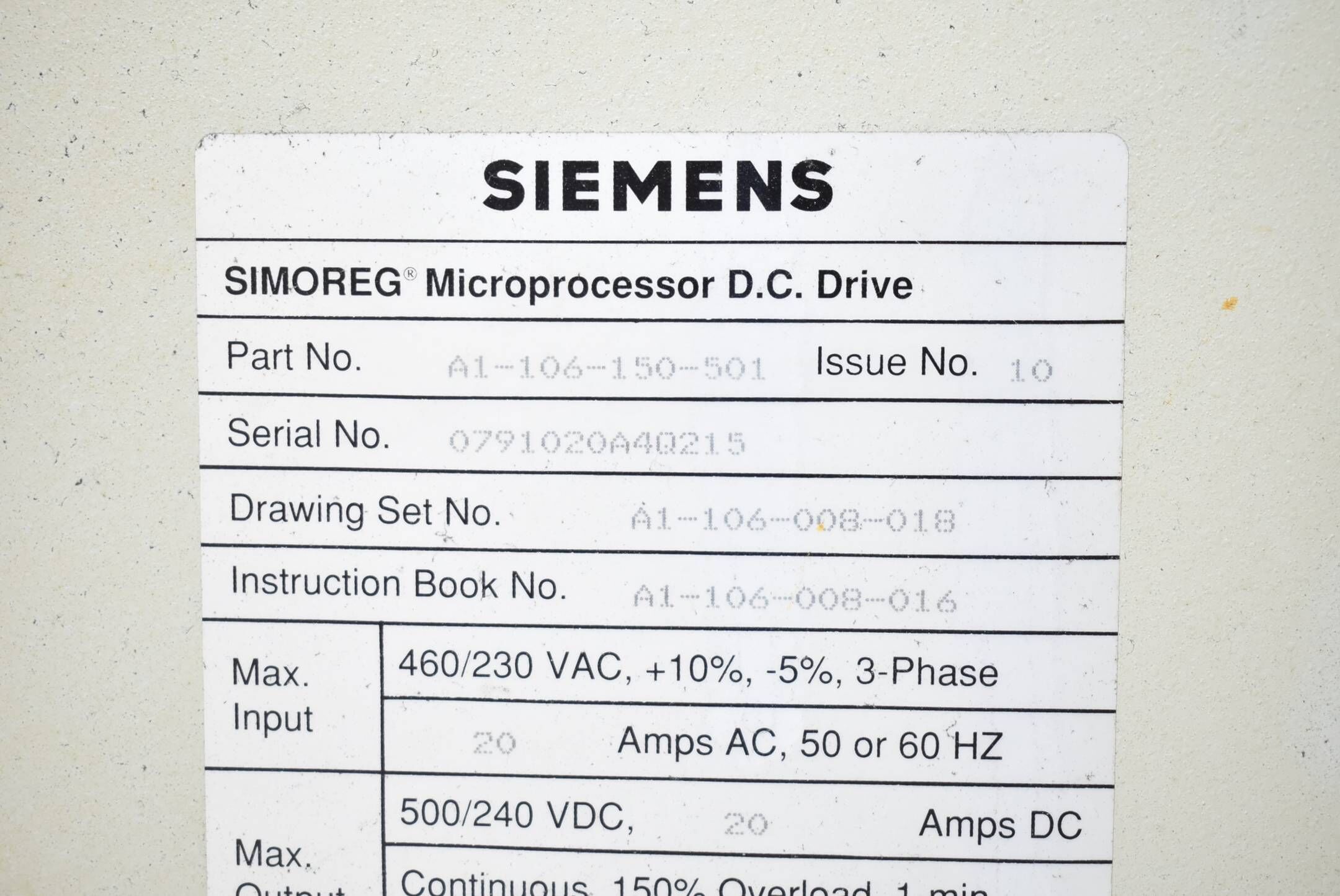 
Siemens Simoreg Microprocessor D.C. Drive 460/230VAC 20Amps A1-106-150-501 