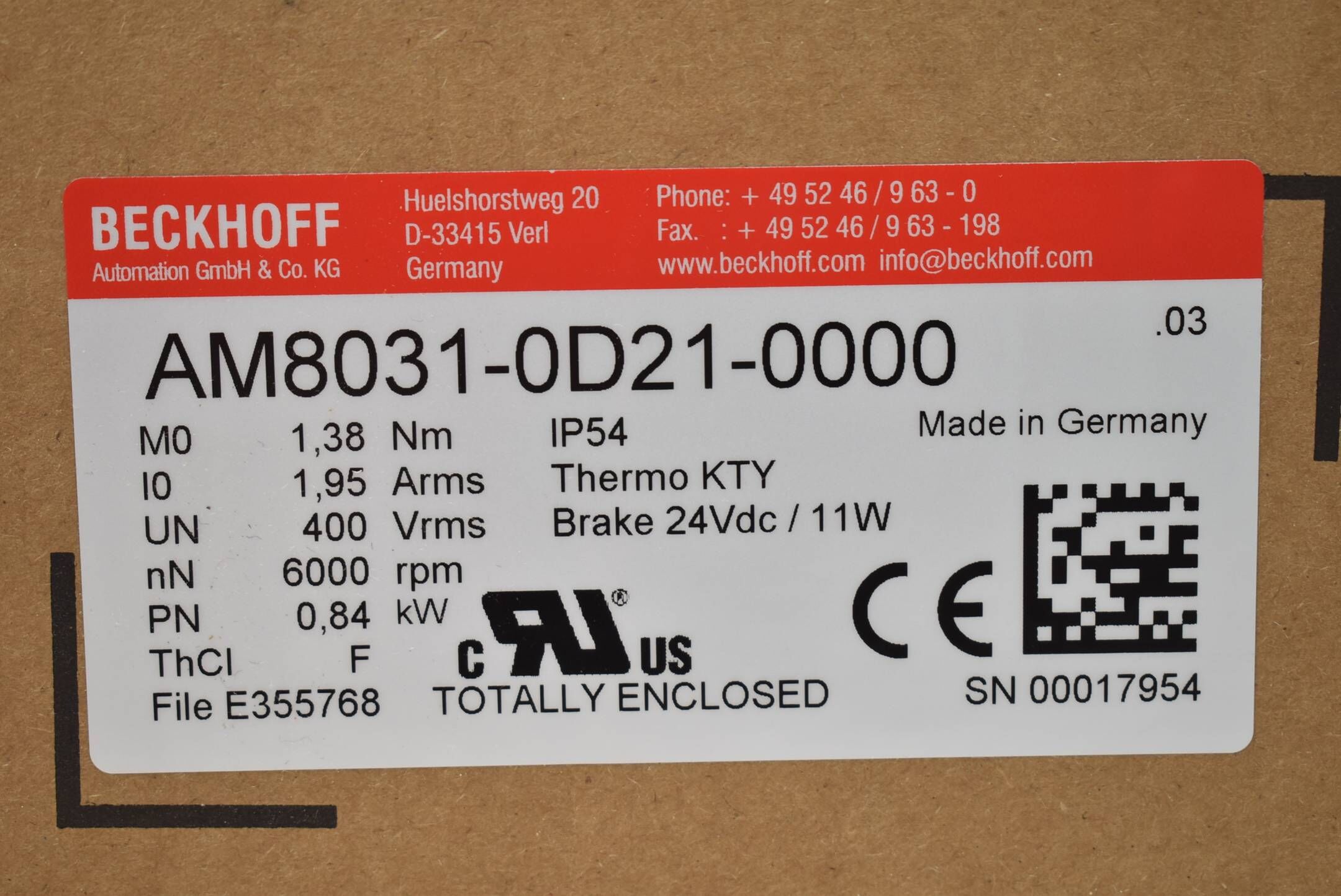 Beckhoff Servomotor AM8031-0D21-0000 ( 0,84kW 6000rpm )