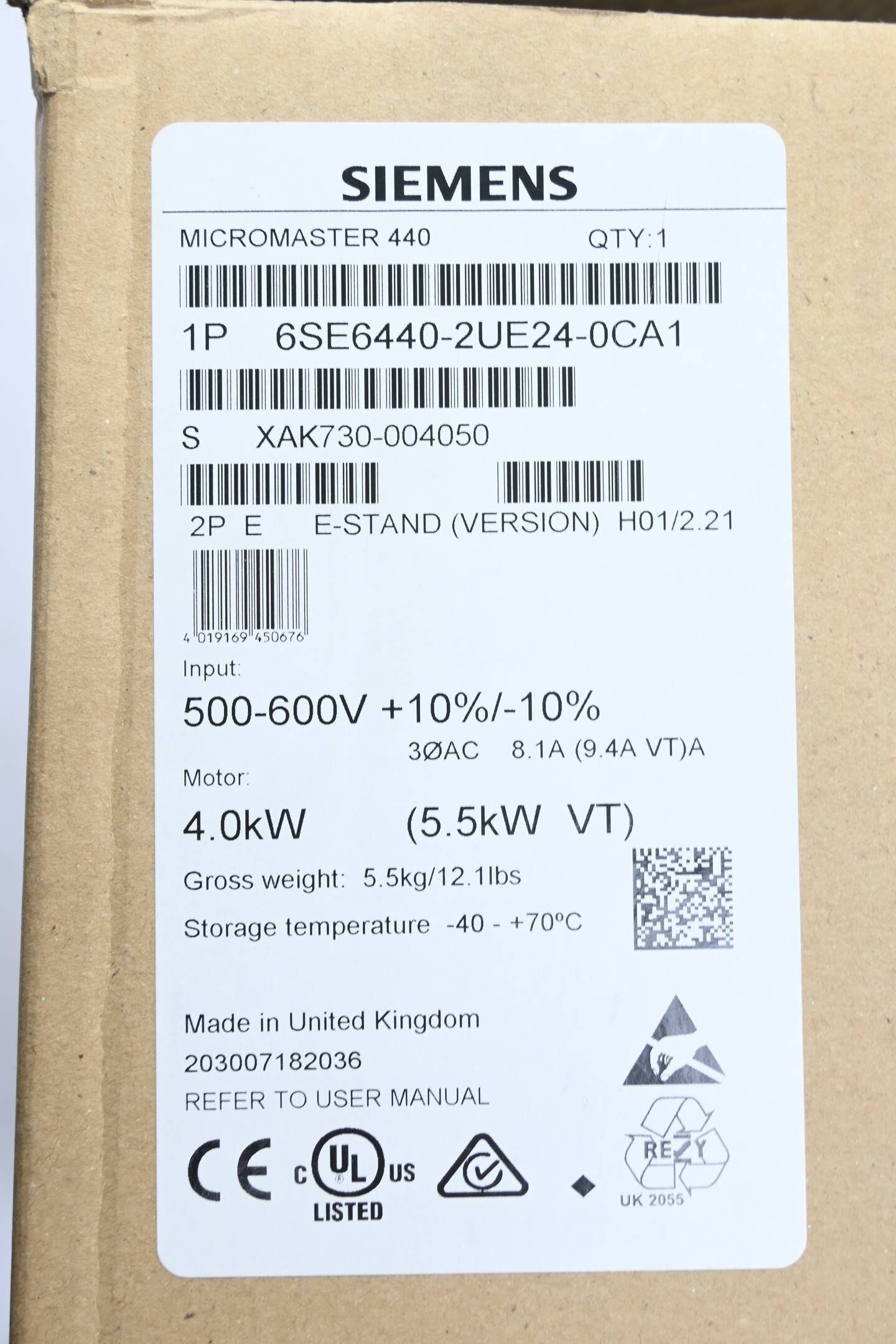 Siemens Micromaster 440 6SE6440-2UE24-0CA1 ( 6SE6 440-2UE24-0CA1 ) E. H01/2.21