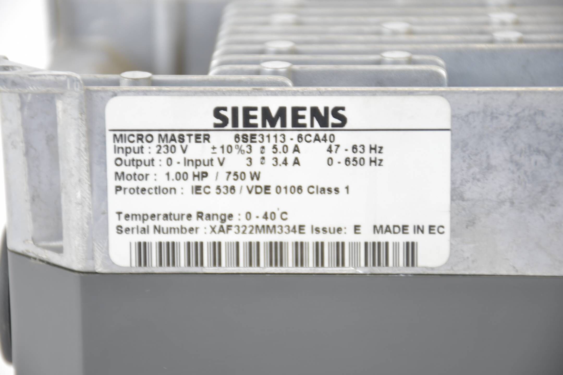 Siemens simovert P Micromaster 1/3-PH 6SE3113-6CA40 ( 6SE3 113-6CA40 ) Ver E
