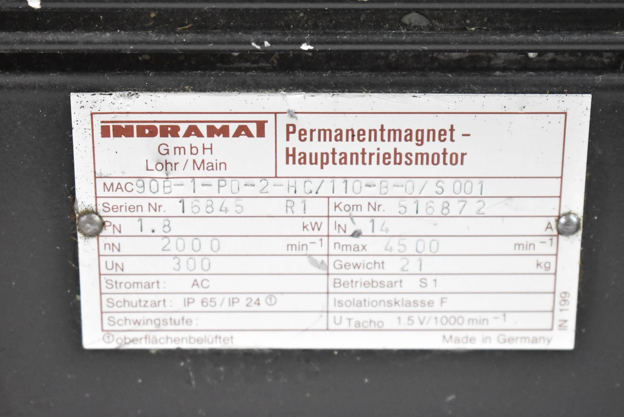 Indramat Servomotor 1,8kW 14,0A 2000rpm MAC90B-1-PD-2-HC/110-B-0/S001