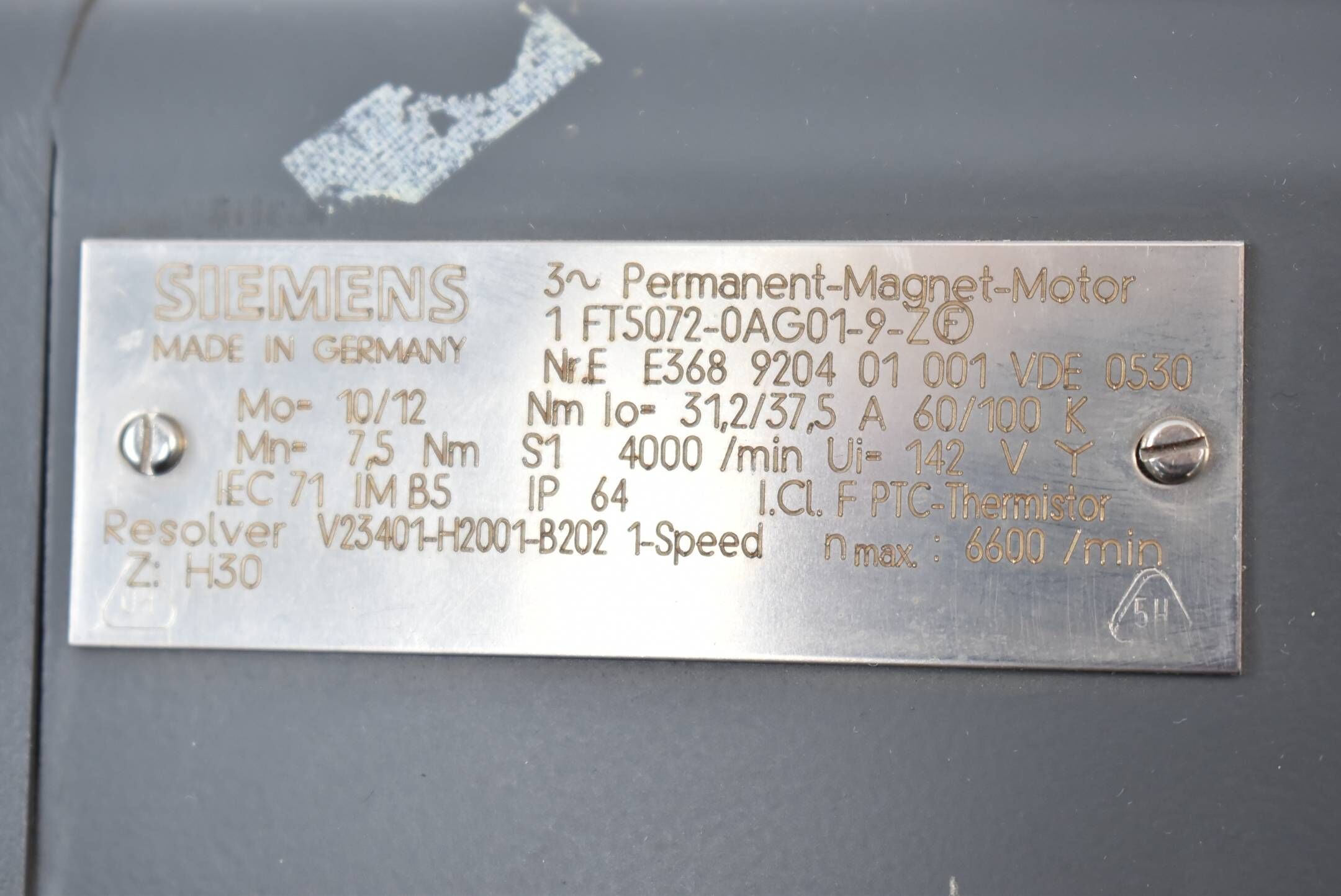 Siemens Permanent-Magnet-Motor 1FT5 072-0AG01-9-Z ( 1FT5072-0AG01-9-Z ) 