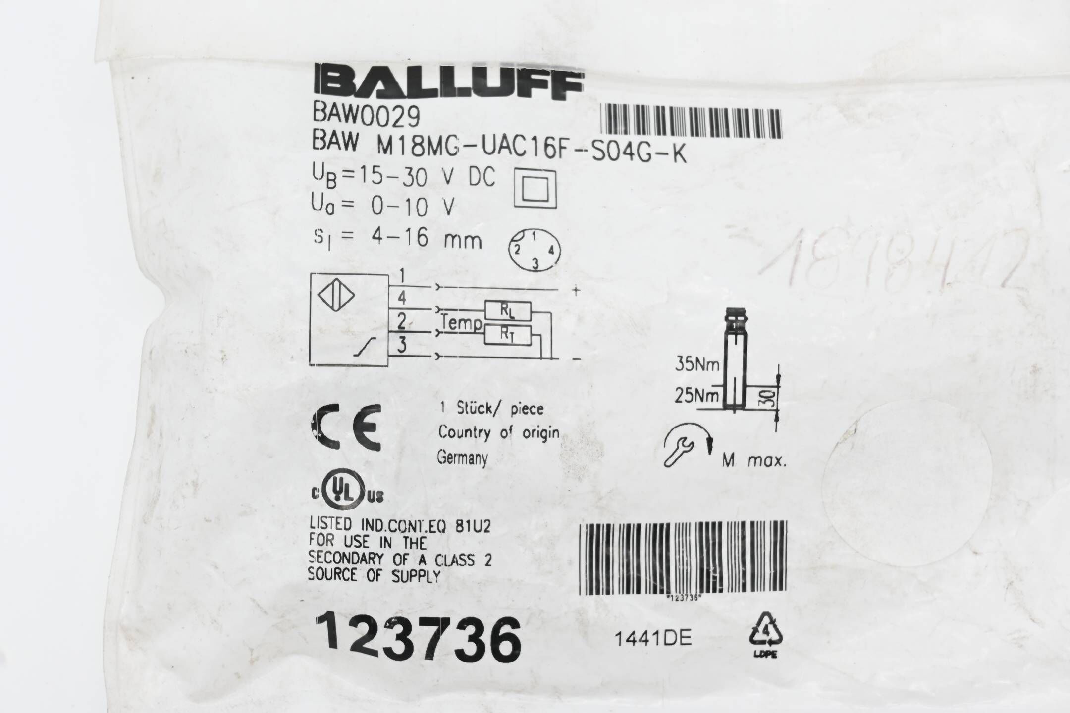 Balluff BAW0029 Induktiver Sensor BAW M18MG-UAC16F-S04G-K