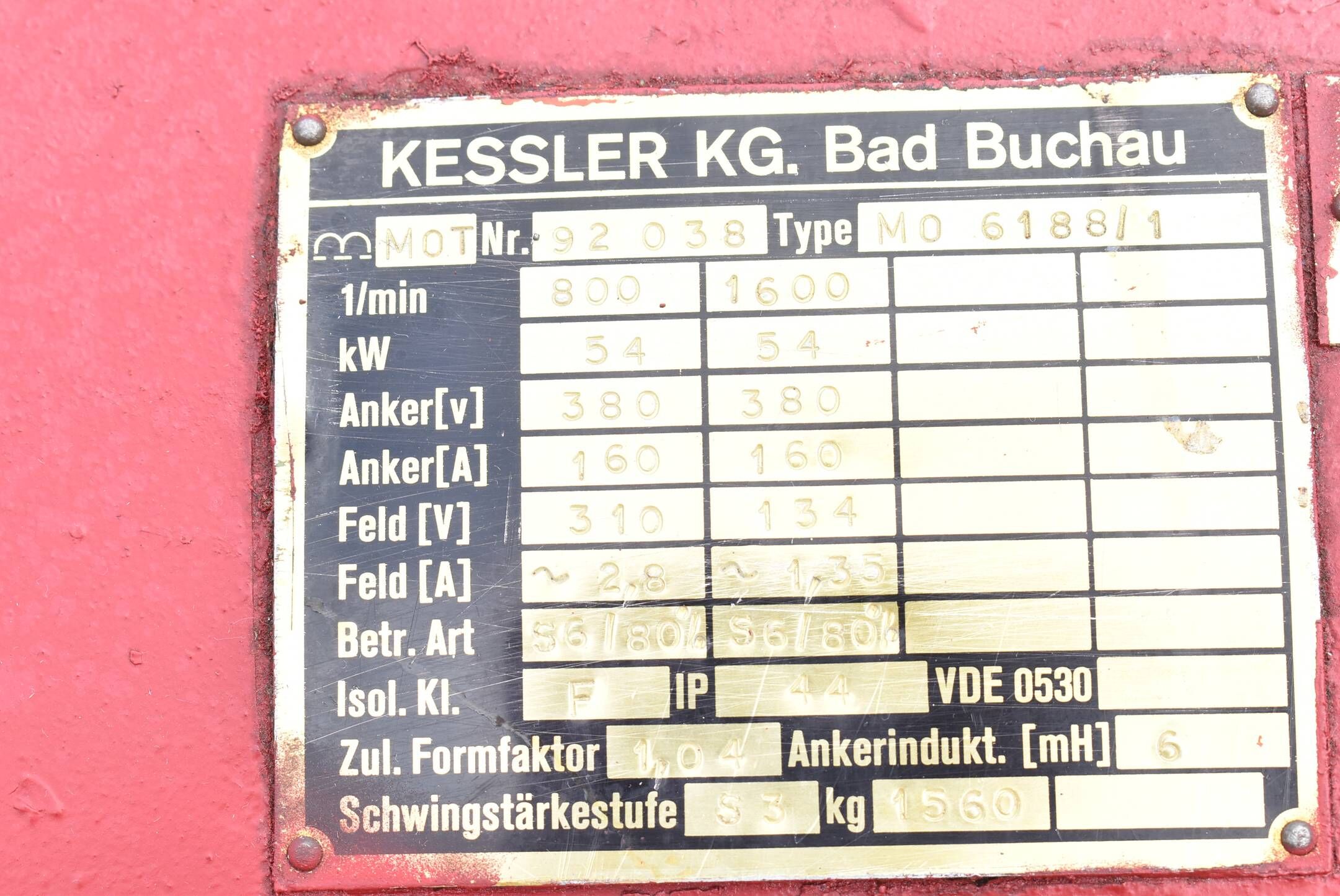 Kessler KG. Motor 800/1600rpm 54kW 380V ( M0 6188/1 ) inkl. Tacho GMP 1,0 LS-7