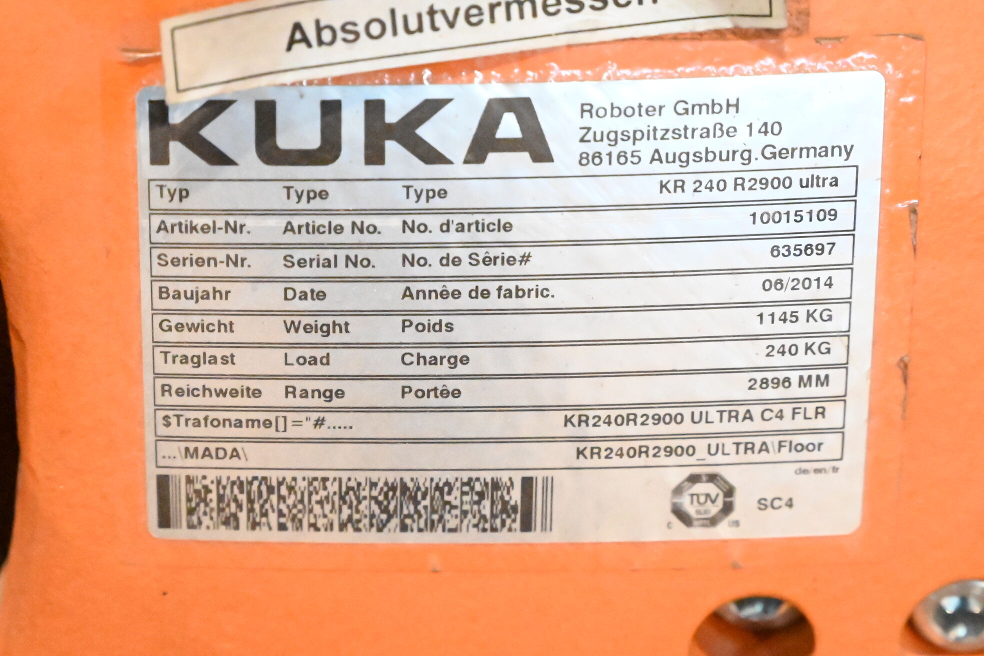 Kuka Industrieroboter KR240 R2900 ultra inkl. Schaltschrank KRC4 + 00-168-334