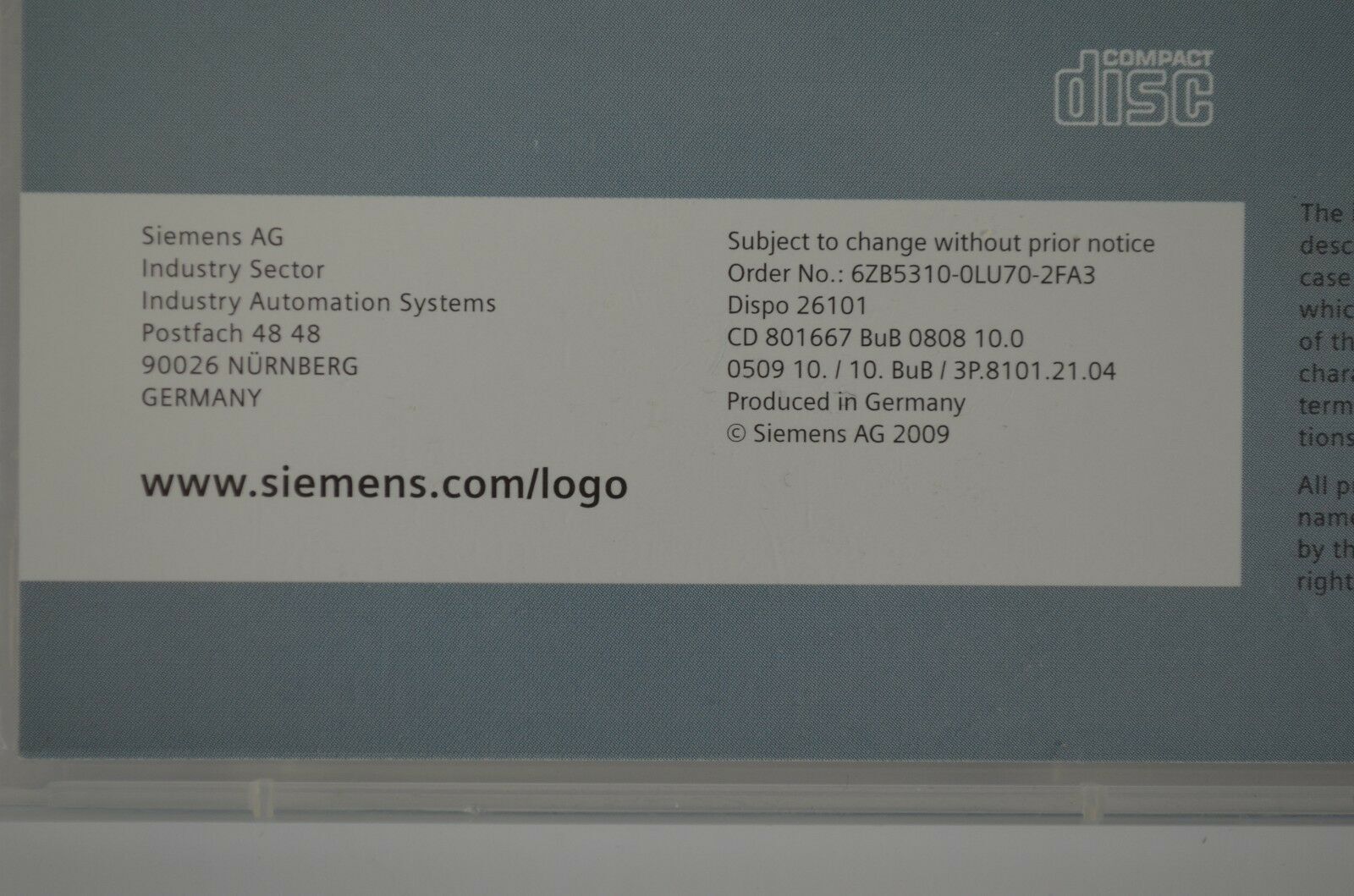 Siemens LOGO! Computer Based Training Micro Automation 6ZB5310-0LU70-2FA3