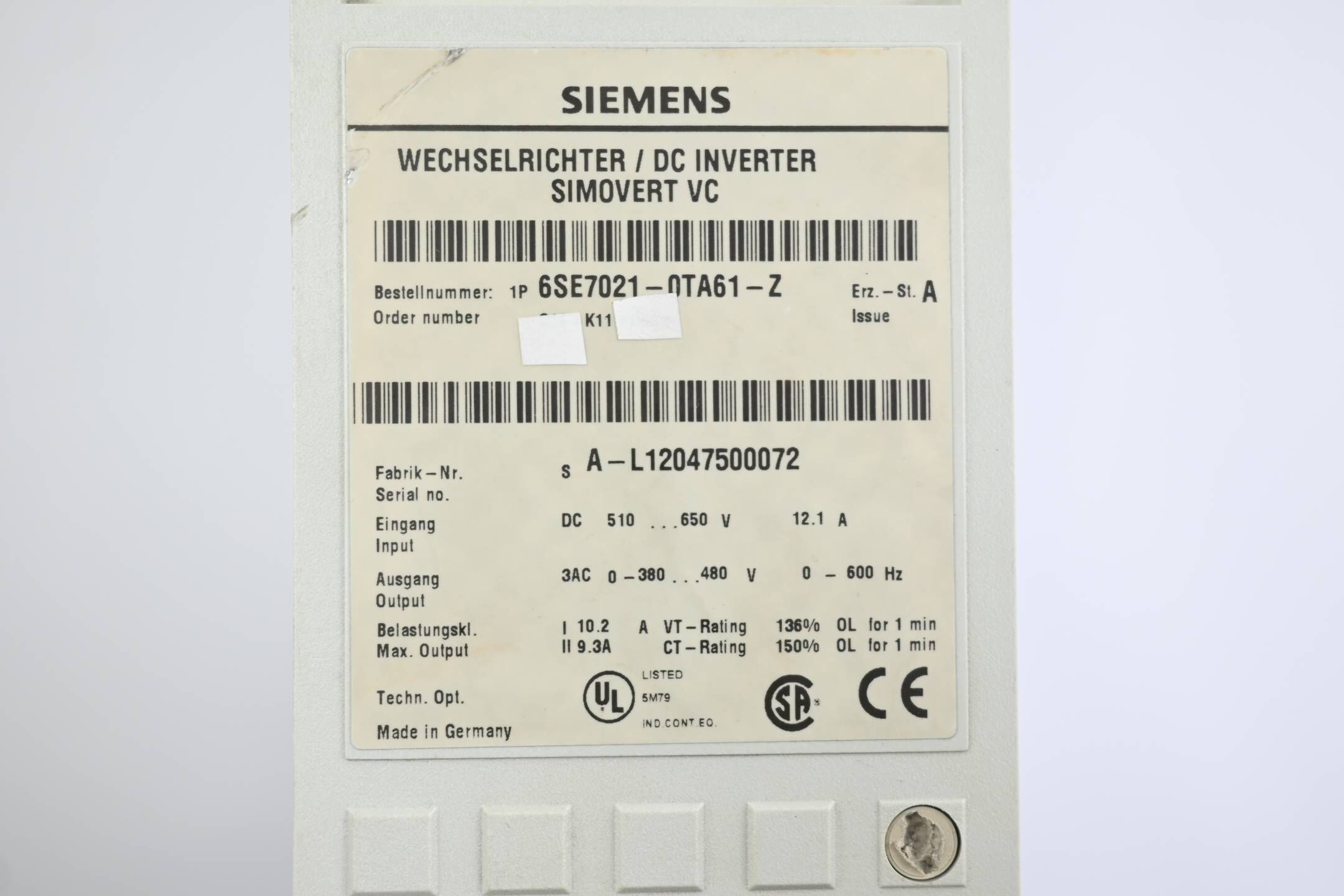 ÜBERHOLT Siemens Simovert Masterdrive 6SE7021-0TA61-Z ( 6SE7 021-0TA61-Z ) Ver A